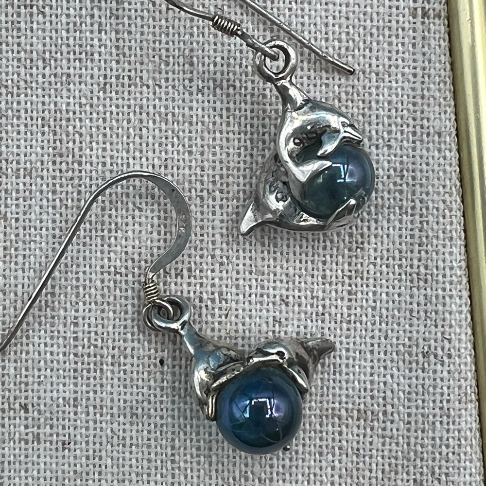 Silver Dolphin Earrings with Crystal Orb